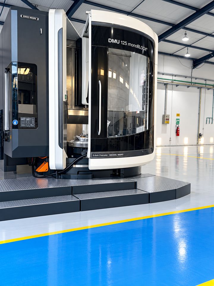 Fünfachs-Bearbeitungszentrum DMG MORI DMU 125 monoBLOCK mit geöffneter Tür (mit KI bearbeitetes Bild)