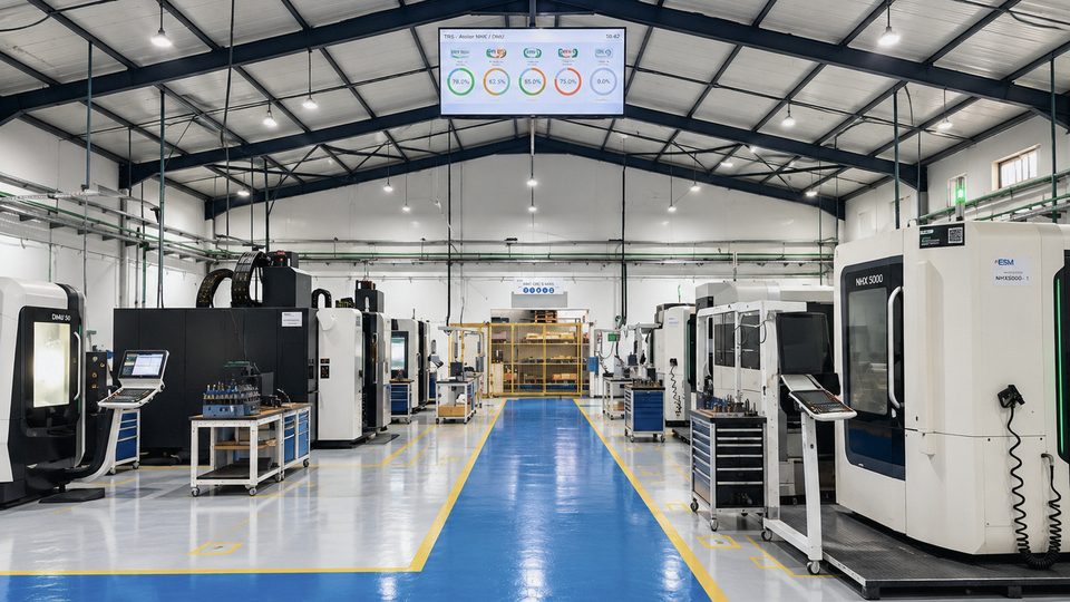 Marked central aisle between a DMG MORI DMU 50 and the NHX 5000 horizontal machining centres, with a suspended OEE tracking screen