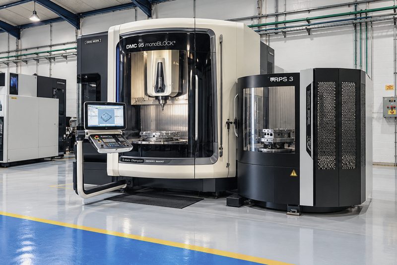 DMG MORI DMU 95 monoBLOCK five-axis machining centre with its pallet storage