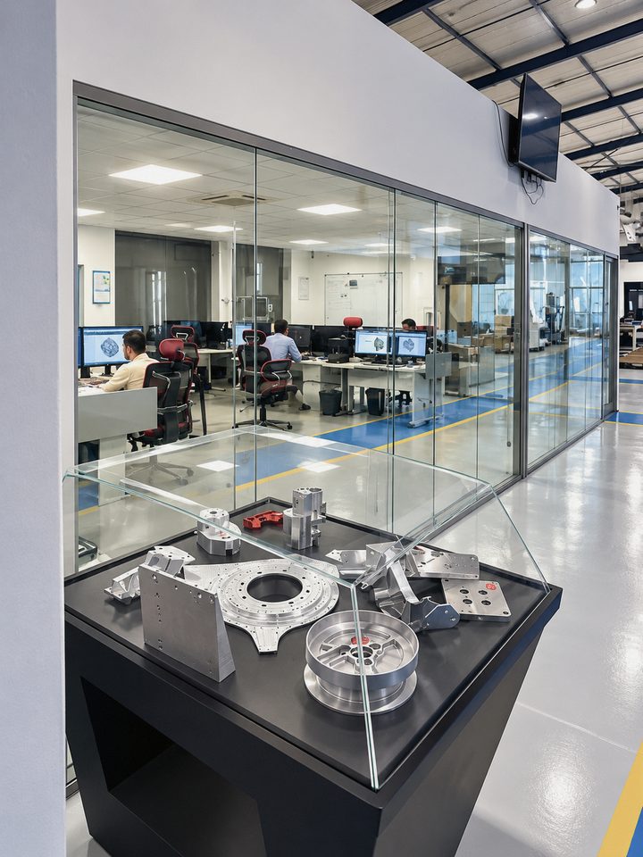 Showcase of machined aluminium parts in front of the glass-walled methods office